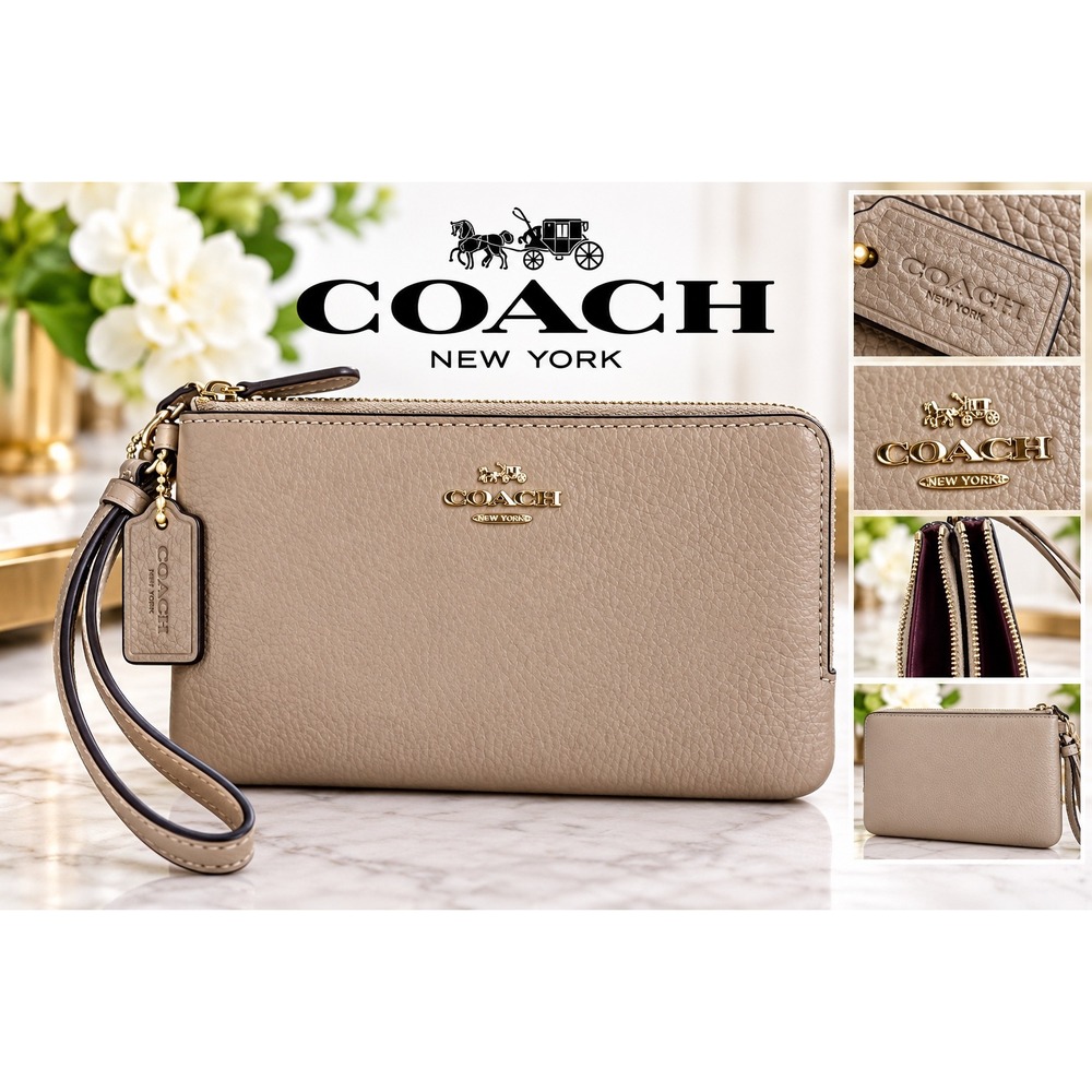 Coach Double Corner Zip Wristlet in refined pebble leather Taupe (Style No 6649)